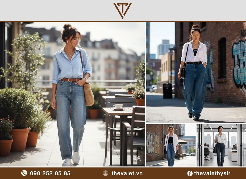 5 cách phối áo sơ mi với quần jean ống rộng