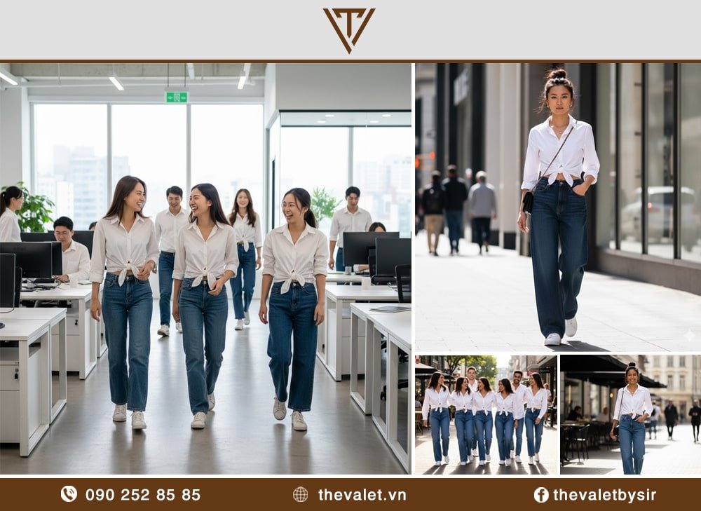 Cách phối áo sơ mi buộc vạt áo với quần jean ống rộng