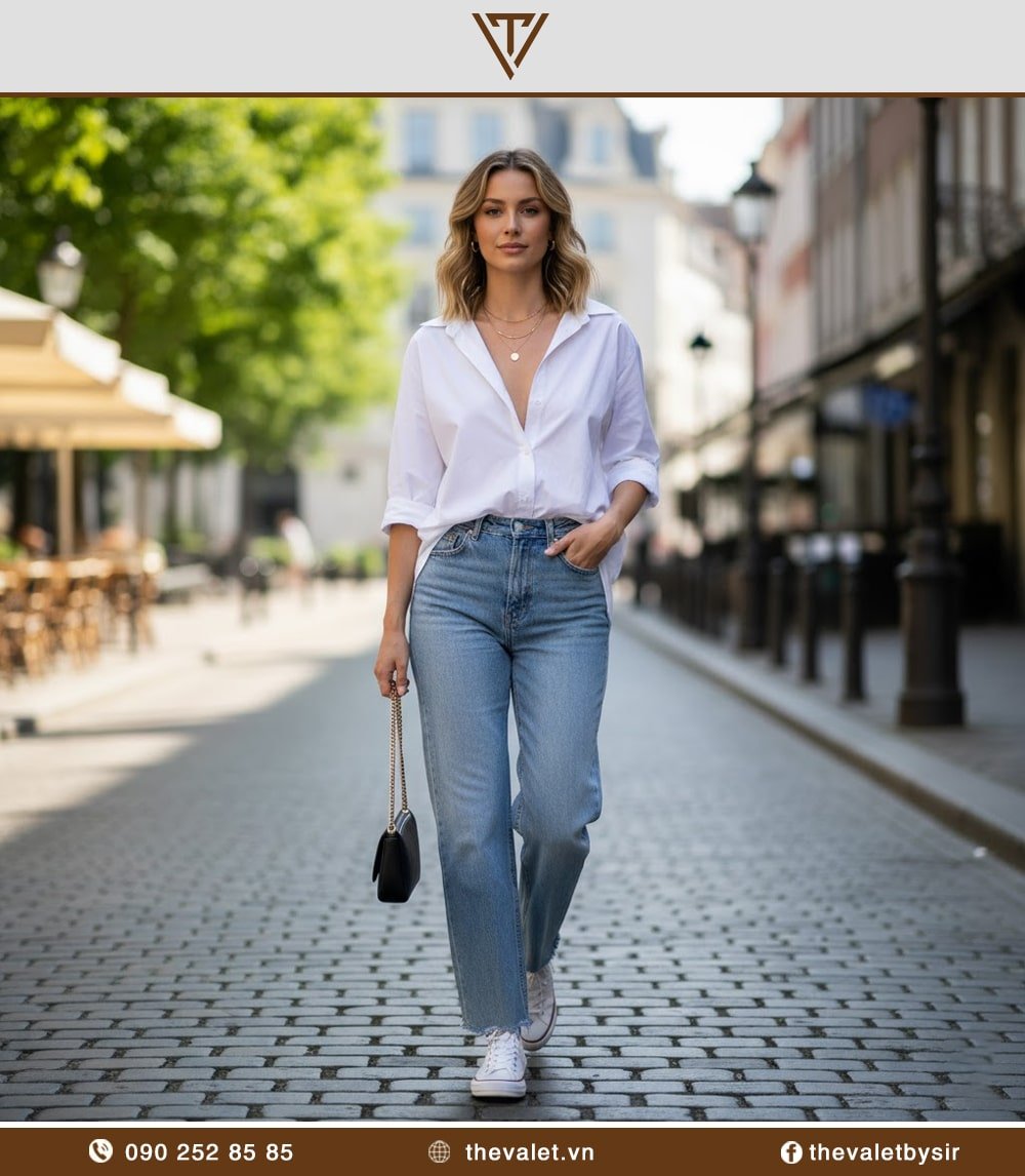 Cách phối áo sơ mi cài cúc hờ hững với quần jean ống rộng