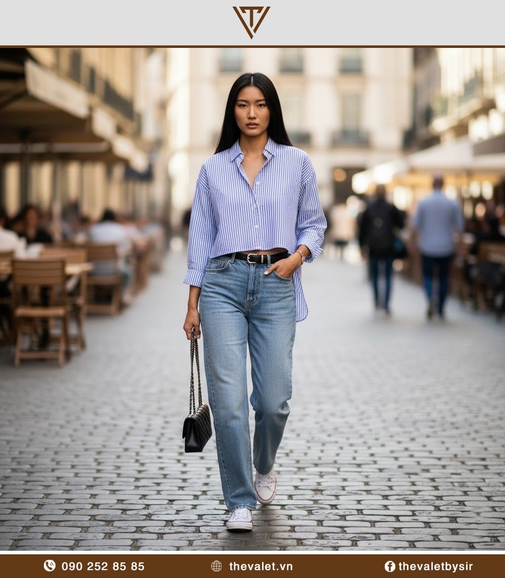 Cách phối áo sơ mi croptop với quần jean ống rộng