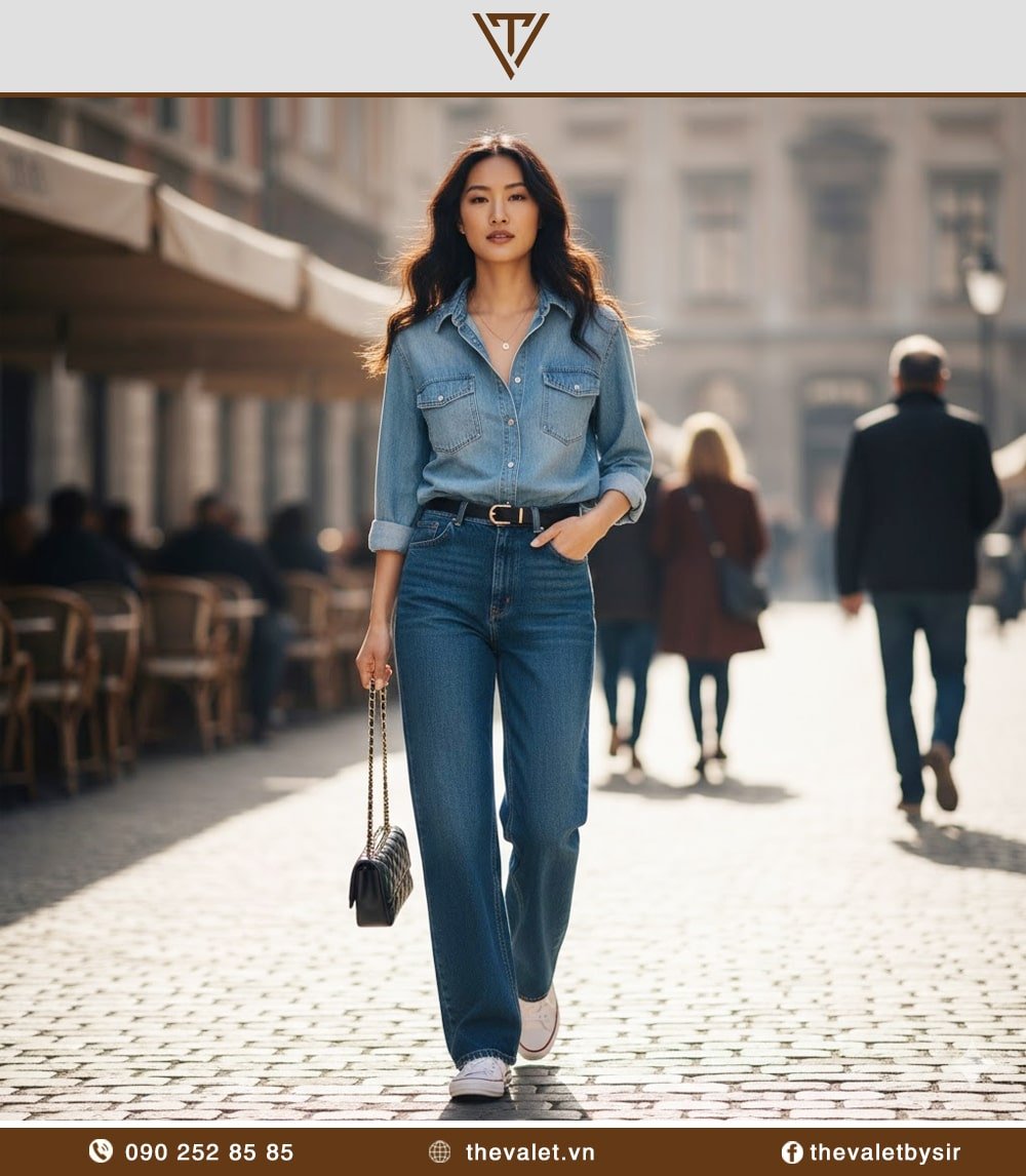 Cách phối áo sơ mi denim với quần jean ống rộng