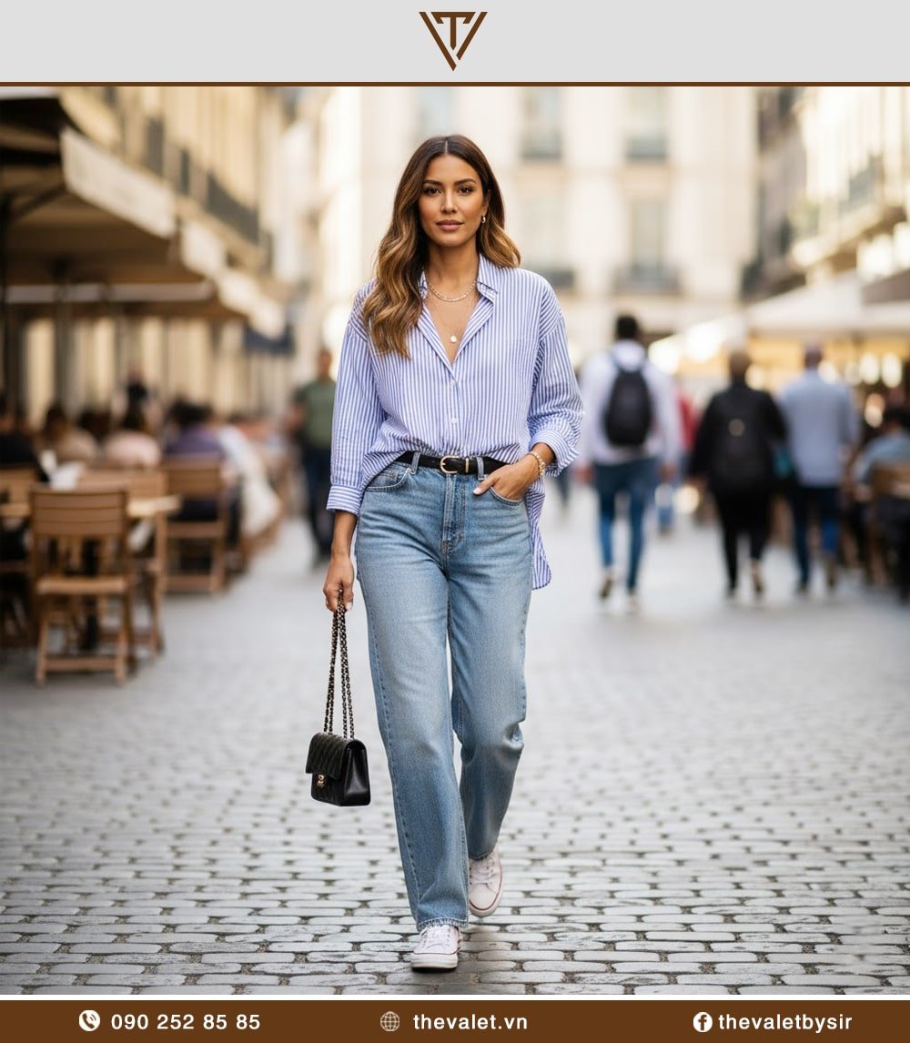 Cách phối áo sơ mi kẻ sọc với quần jean ống rộng