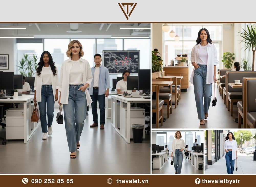 Cách phối áo sơ mi làm áo khoác ngoài với quần jean ống rộng