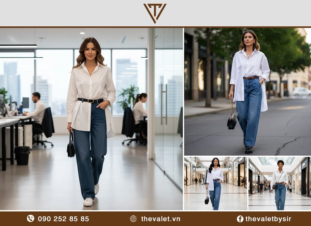 Cách phối áo sơ mi sơ vin nửa vạt với quần jean ống rộng