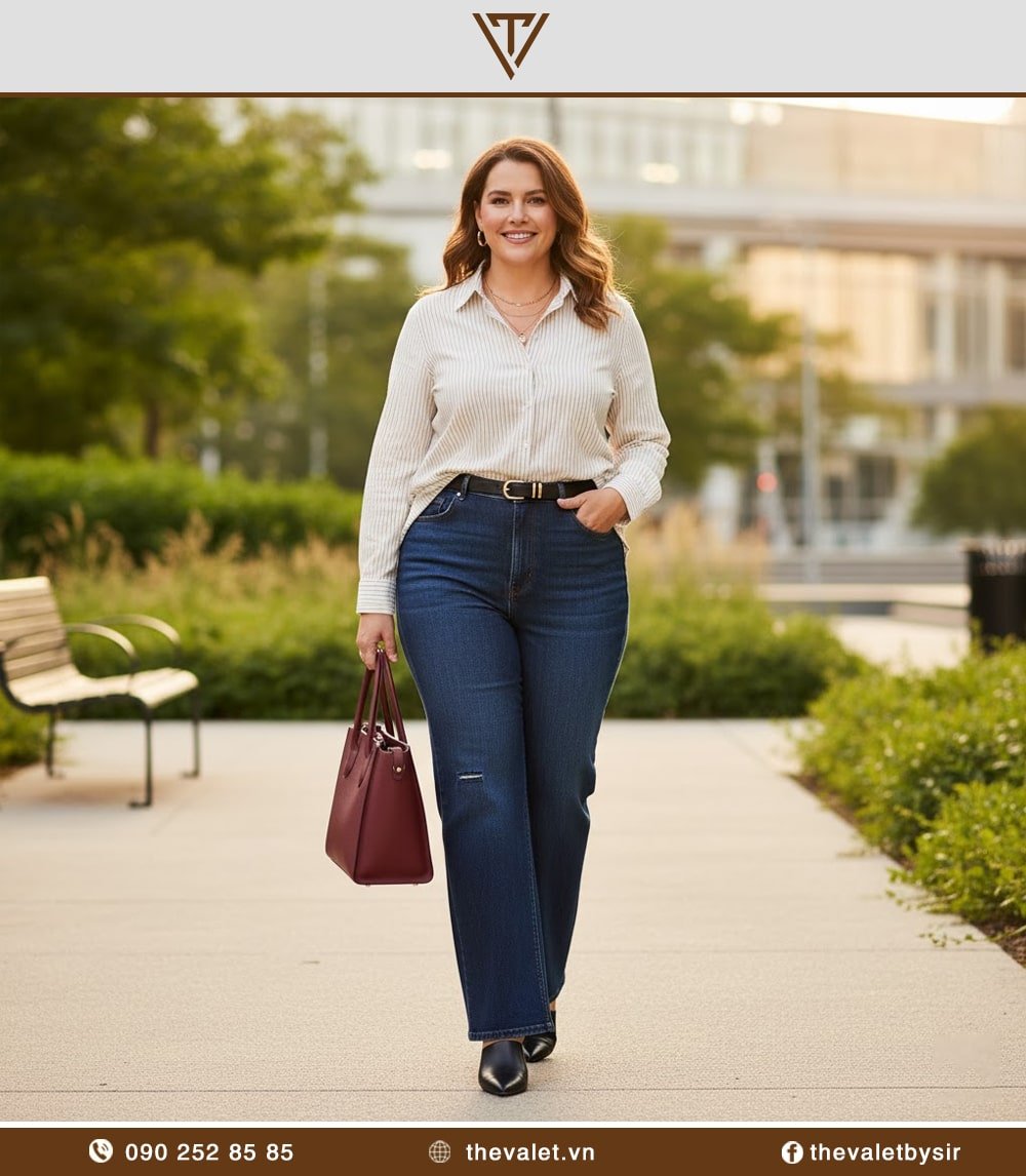 Cách phối áo sơ mi với quần jean ống rộng cho người béo