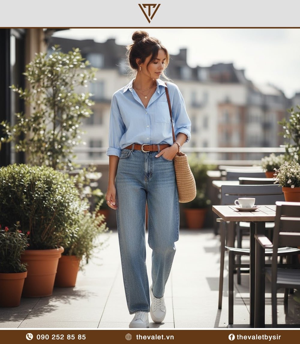 Cách phối áo sơ mi với quần jean ống rộng cho người lùn