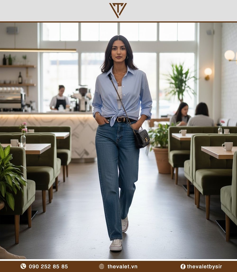 Cách phối áo sơ mi với quần jean ống rộng khi đi dạo phố