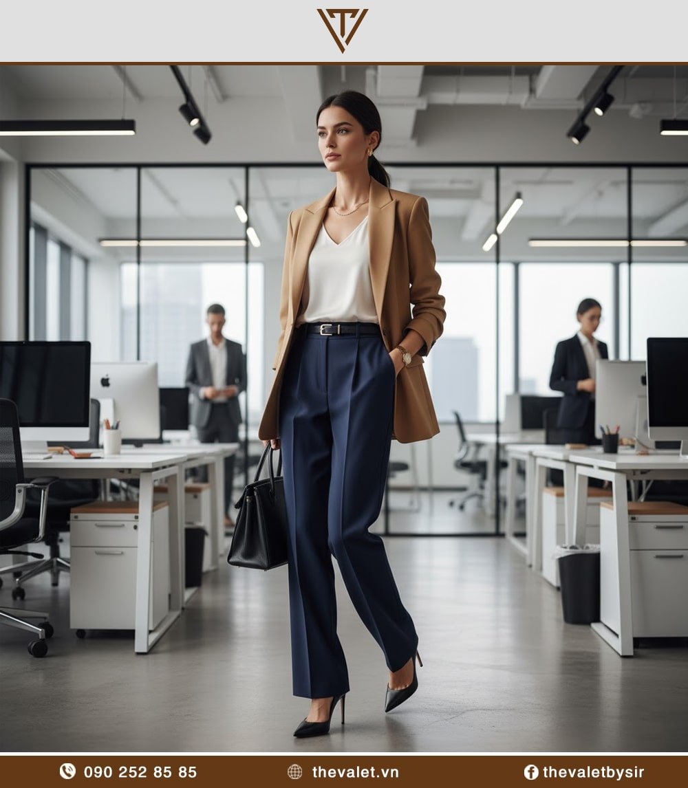 Cách phối áo sơ mi với quần jean ống rộng khi đi làm