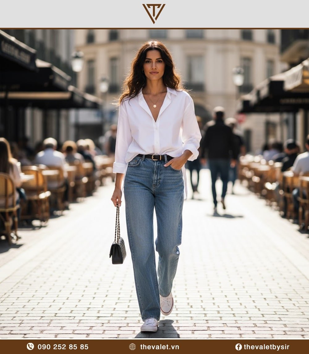 Phối áo sơ mi trắng với quần jean ống rộng