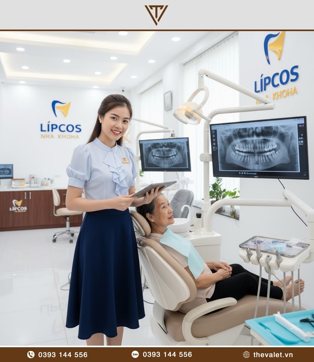 Đồng phục lễ tân nha khoa với kiểu dáng áo sơ mi kiểu cổ bèo, tay phồng kết hợp chân váy chữ A