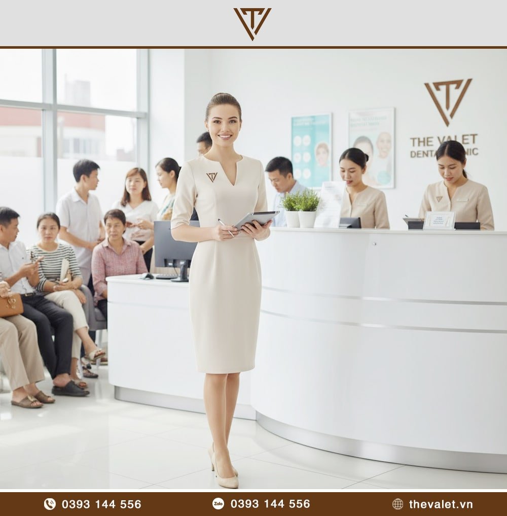 Mẫu đồng phục lễ tân nha khoa đẹp với kiểu dáng váy cổ V