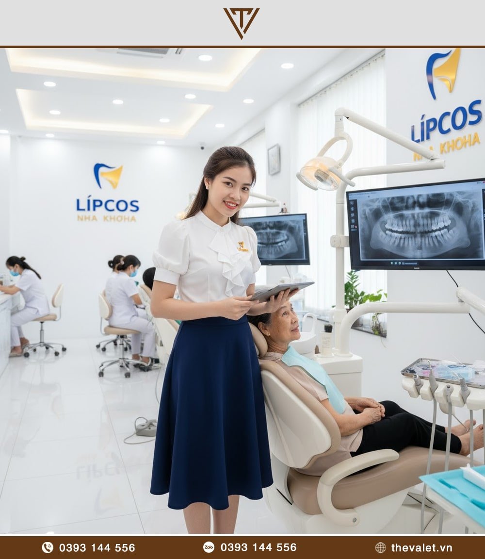 Mẫu đồng phục lễ tân nha khoa với kiểu dáng áo sơ mi kiểu cổ bèo, tay phồng kết hợp chân váy chữ A