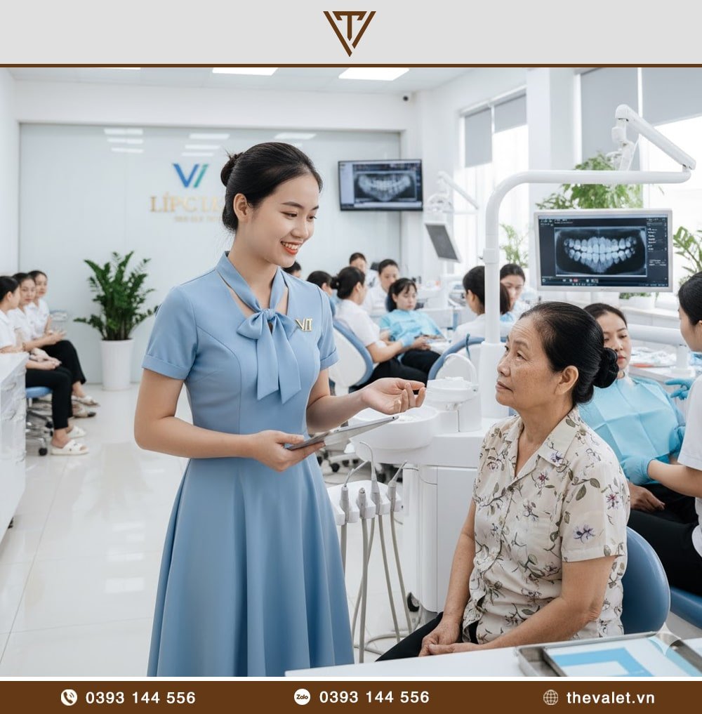 Mẫu đồng phục lễ tân nha khoa với kiểu dáng váy liền phối nơ