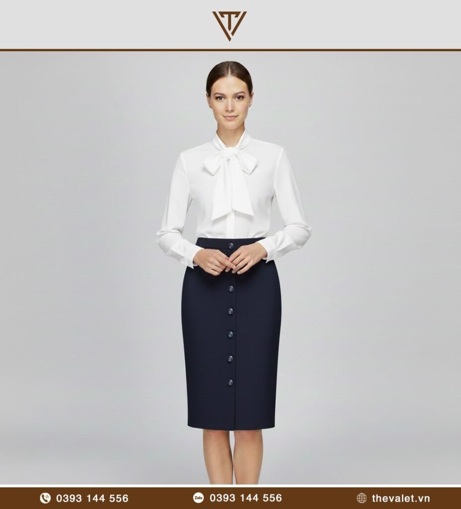 Chân váy bút chì kèm xẻ trước phối nẹp nút