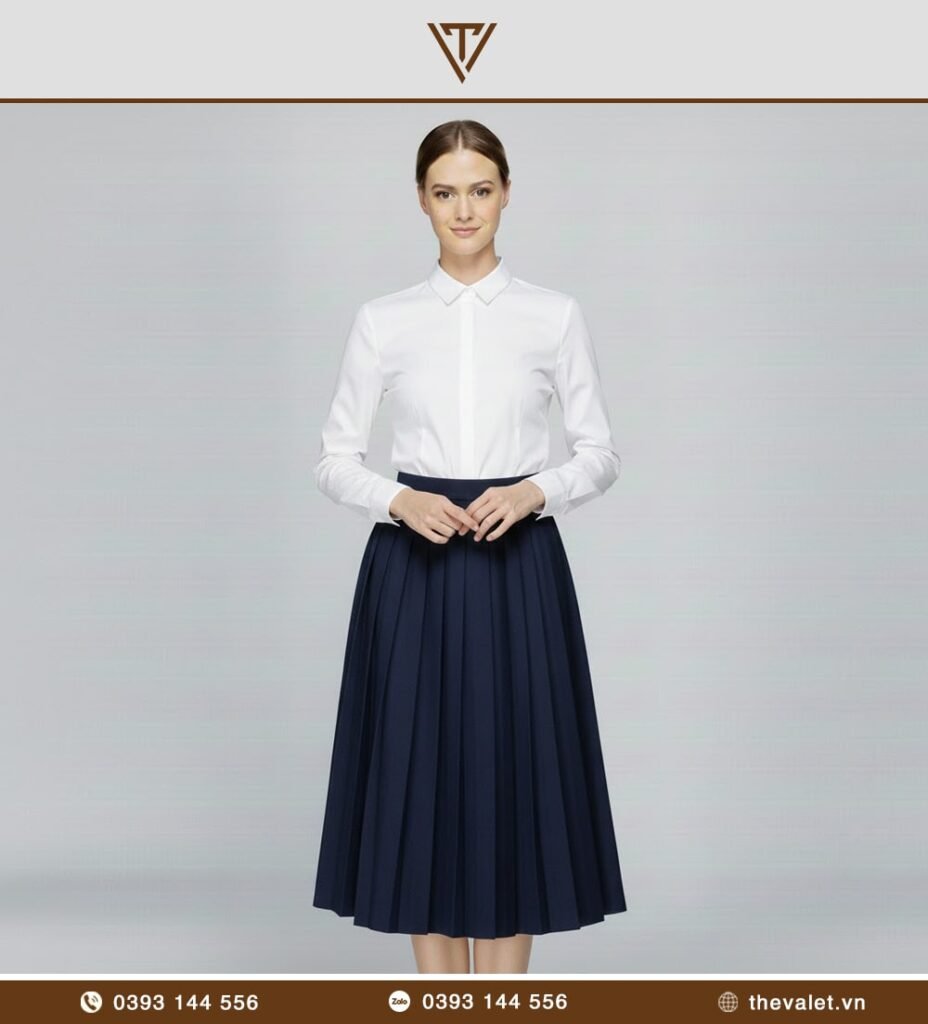 Chân váy xếp ly dài qua gối