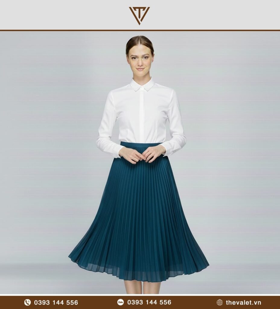 Chân váy xếp ly xanh cổ vịt