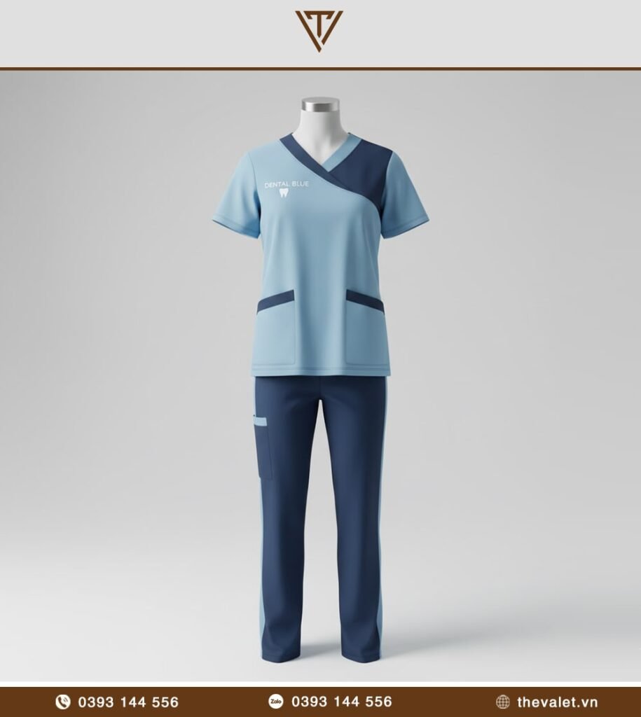 Mẫu đồng phục bác sỹ nha khoa Scrub hai tông xanh