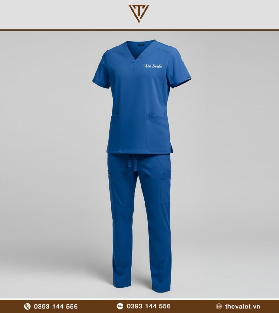 Mẫu đồng phục bác sỹ nha khoa Scrub xanh dương cổ chữ V – Win Smile
