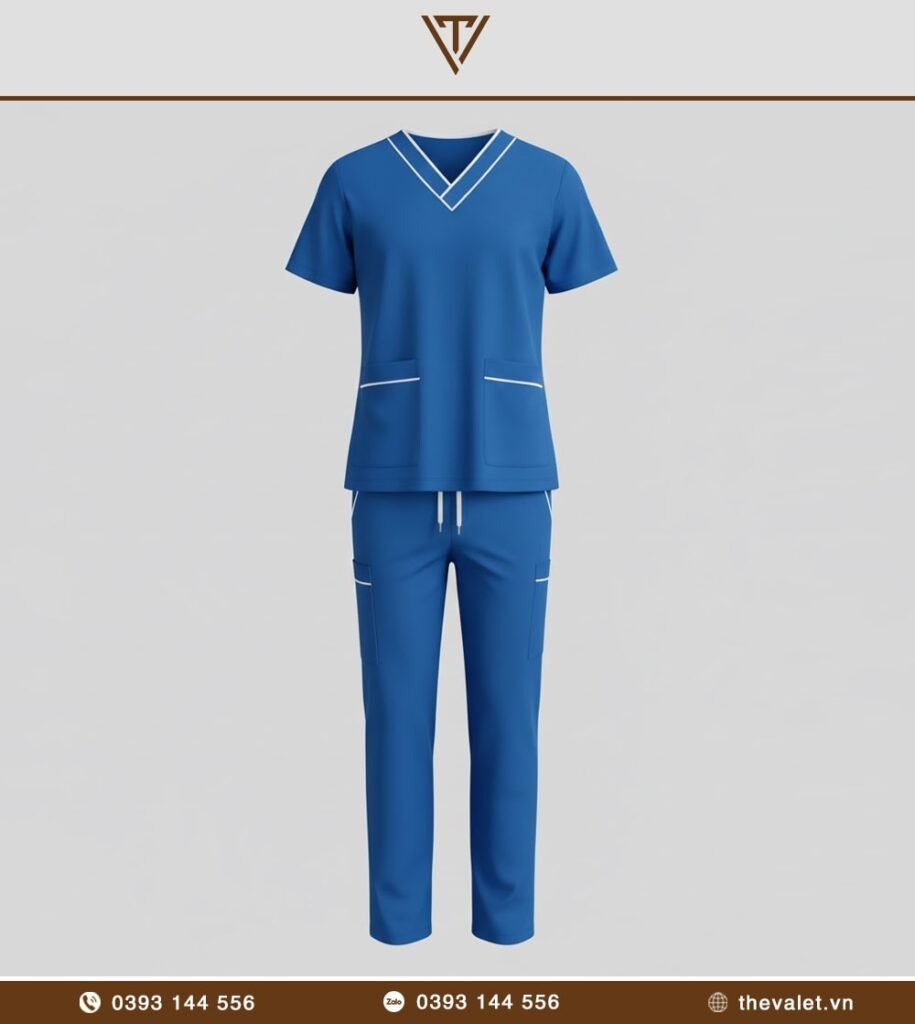 Mẫu đồng phục bác sỹ nha khoa Set scrub xanh + viền trắng
