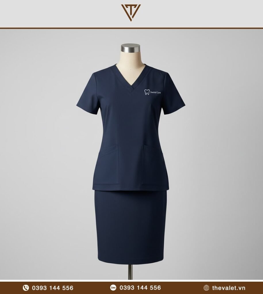 Mẫu đồng phục lễ tân nha khoa với Áo scrub đơn giản