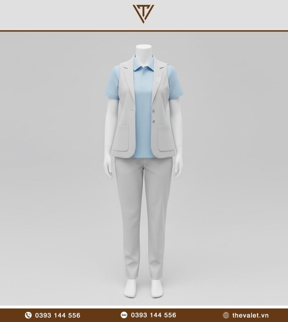 Mẫu đồng phục trợ thủ nha khoa Áo polo đồng phục kết hợp vest nhẹ