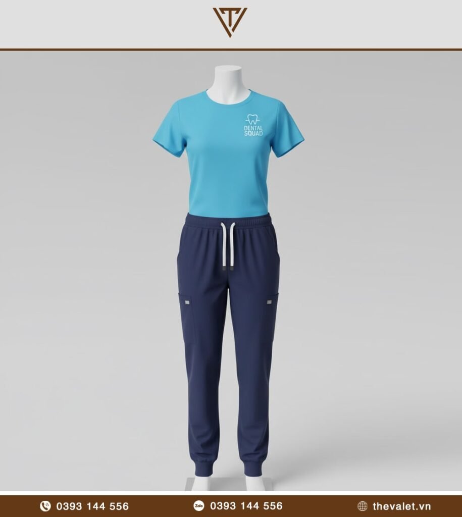 Mẫu đồng phục trợ thủ nha khoa Áo thun đồng phục phối cùng quần scrubs