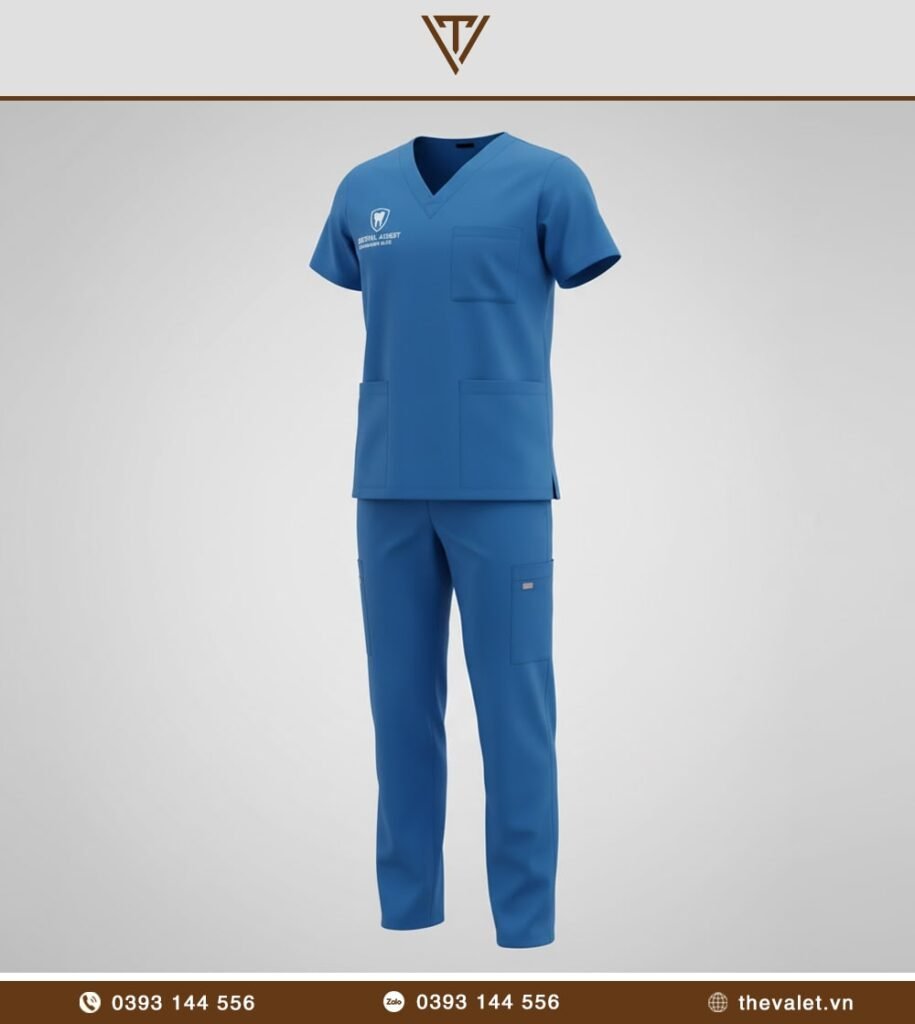 Mẫu đồng phục trợ thủ nha khoa Scrubs cổ chữ V màu xanh dương tiêu chuẩn
