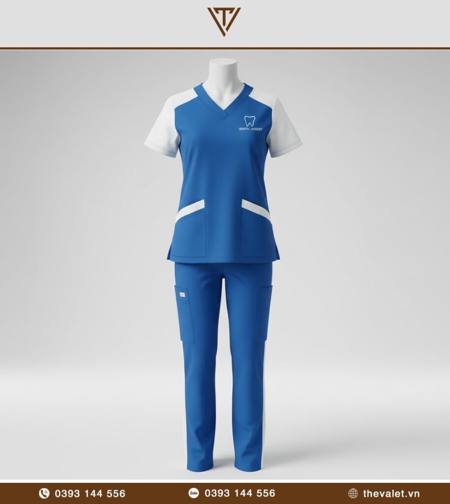 Mẫu đồng phục trợ thủ nha khoa Scrubs hai tông màu (xanh – trắng)