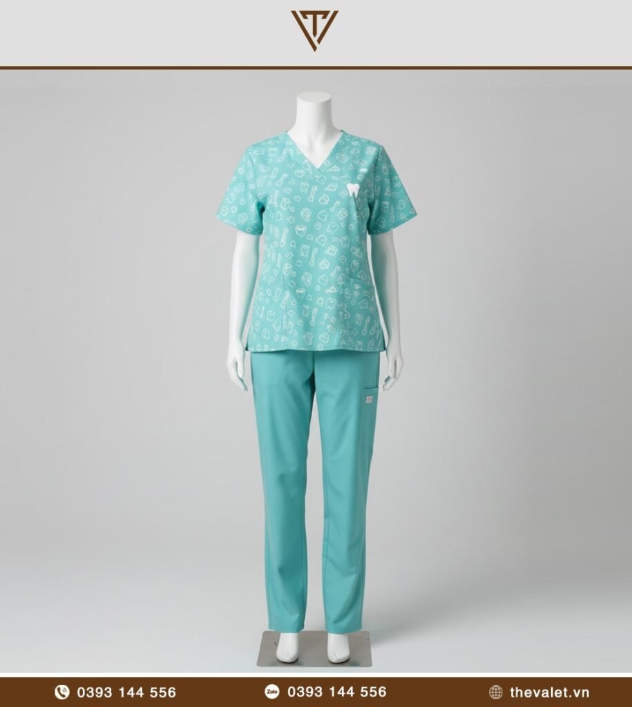 Mẫu đồng phục trợ thủ nha khoa Scrubs in họa tiết nha khoa
