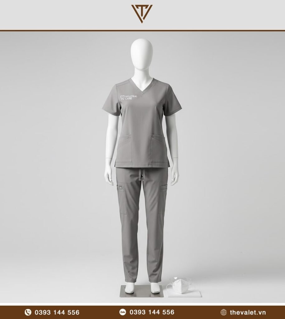 Mẫu đồng phục trợ thủ nha khoa Scrubs màu xám trung tính unisex