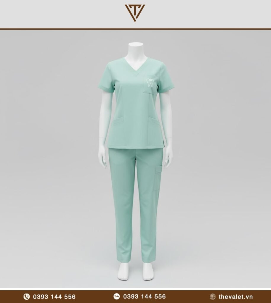 Mẫu đồng phục trợ thủ nha khoa Scrubs xanh mint hoặc xanh lá nhẹ