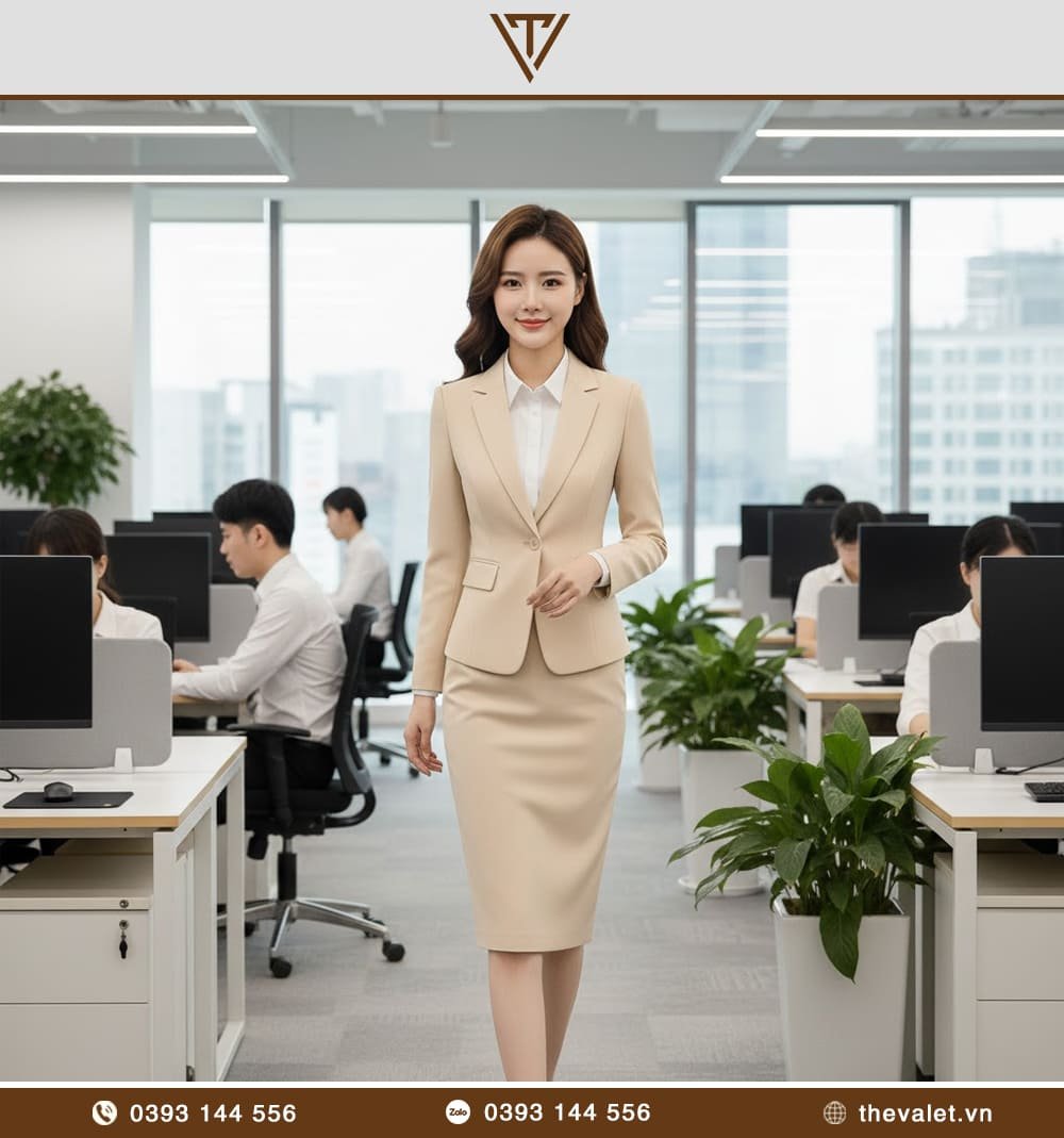 Áo vest đồng phục nữ dáng ôm cổ ve truyền thống màu sáng