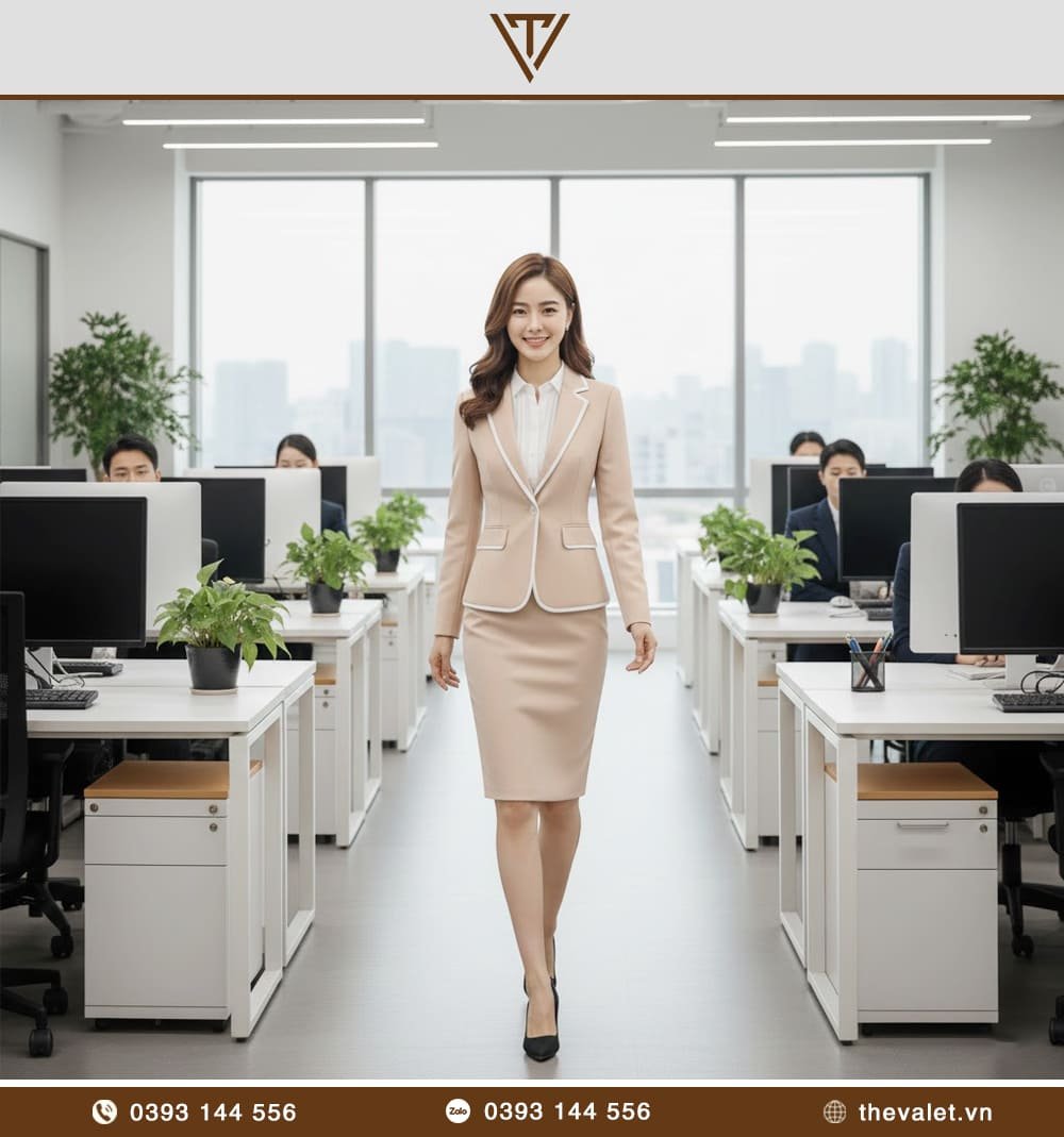 Áo vest đồng phục nữ dáng ôm phối viền màu sáng