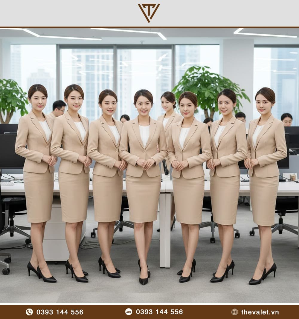 Mẫu áo vest đồng phục nữ dáng ôm cổ ve truyền thống màu sáng