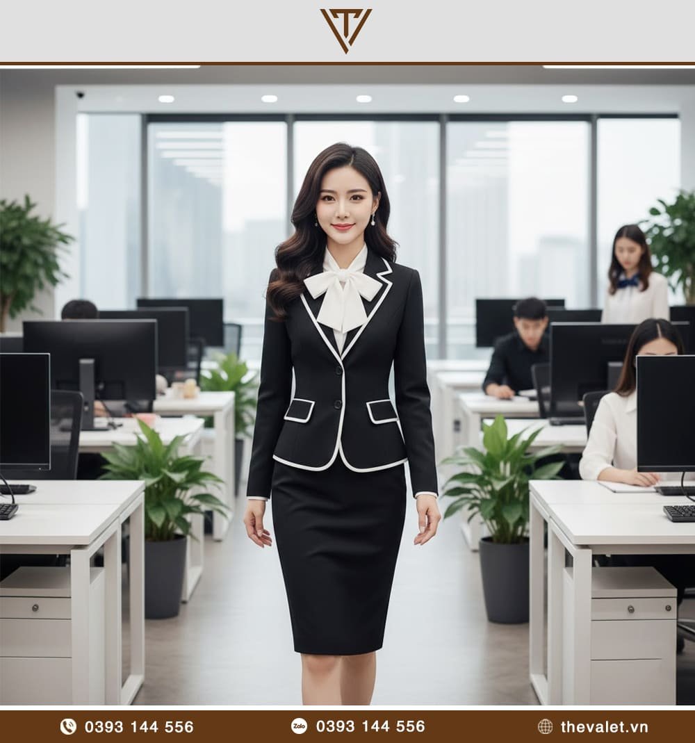 Mẫu áo vest đồng phục nữ dáng ôm phối viền màu sáng