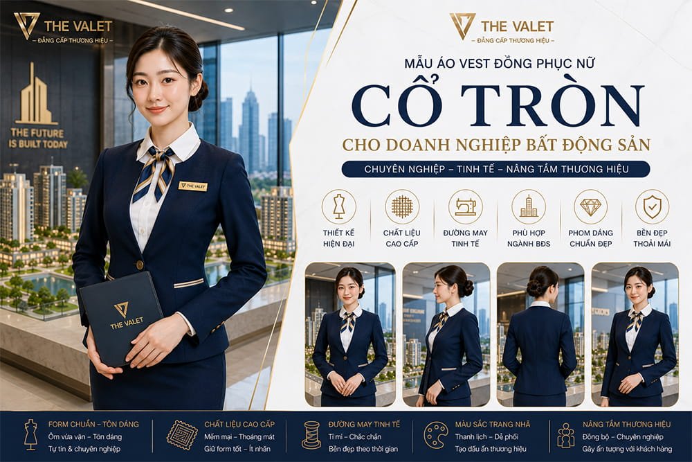 Bộ áo vest đồng phục nữ cổ tròn cho doanh nghiệp bất động sản