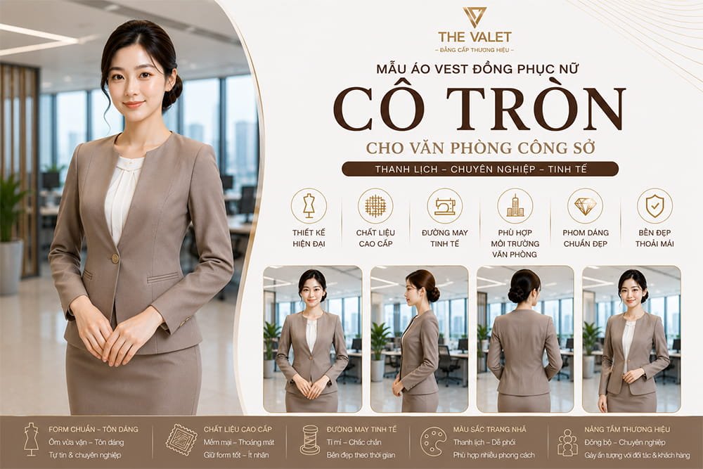 Bộ áo vest đồng phục nữ cổ tròn cho văn phòng công sở