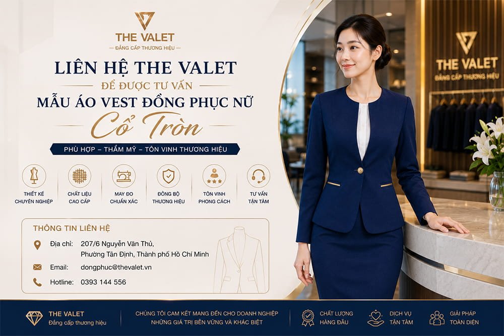 Liên hệ The Valet để được tư vấn mẫu áo vest đồng phục nữ cổ tròn phù hợp