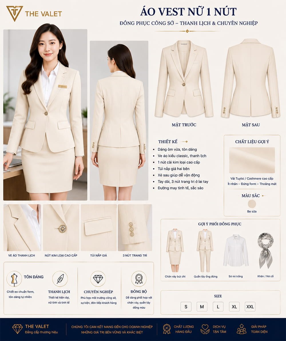 Mẫu áo vest đồng phục nữ 1 nút màu be sữa