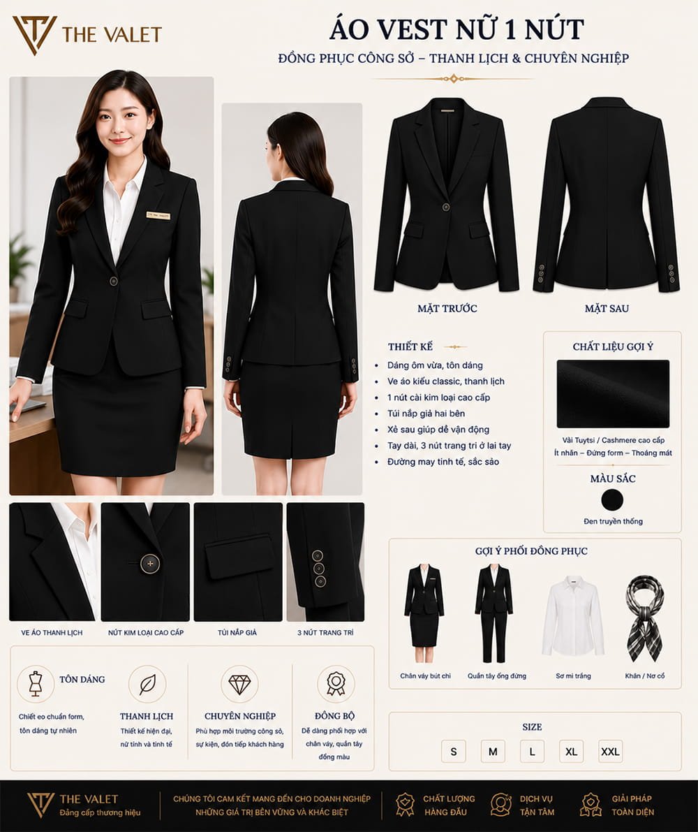 Mẫu áo vest đồng phục nữ 1 nút màu đen truyền thống