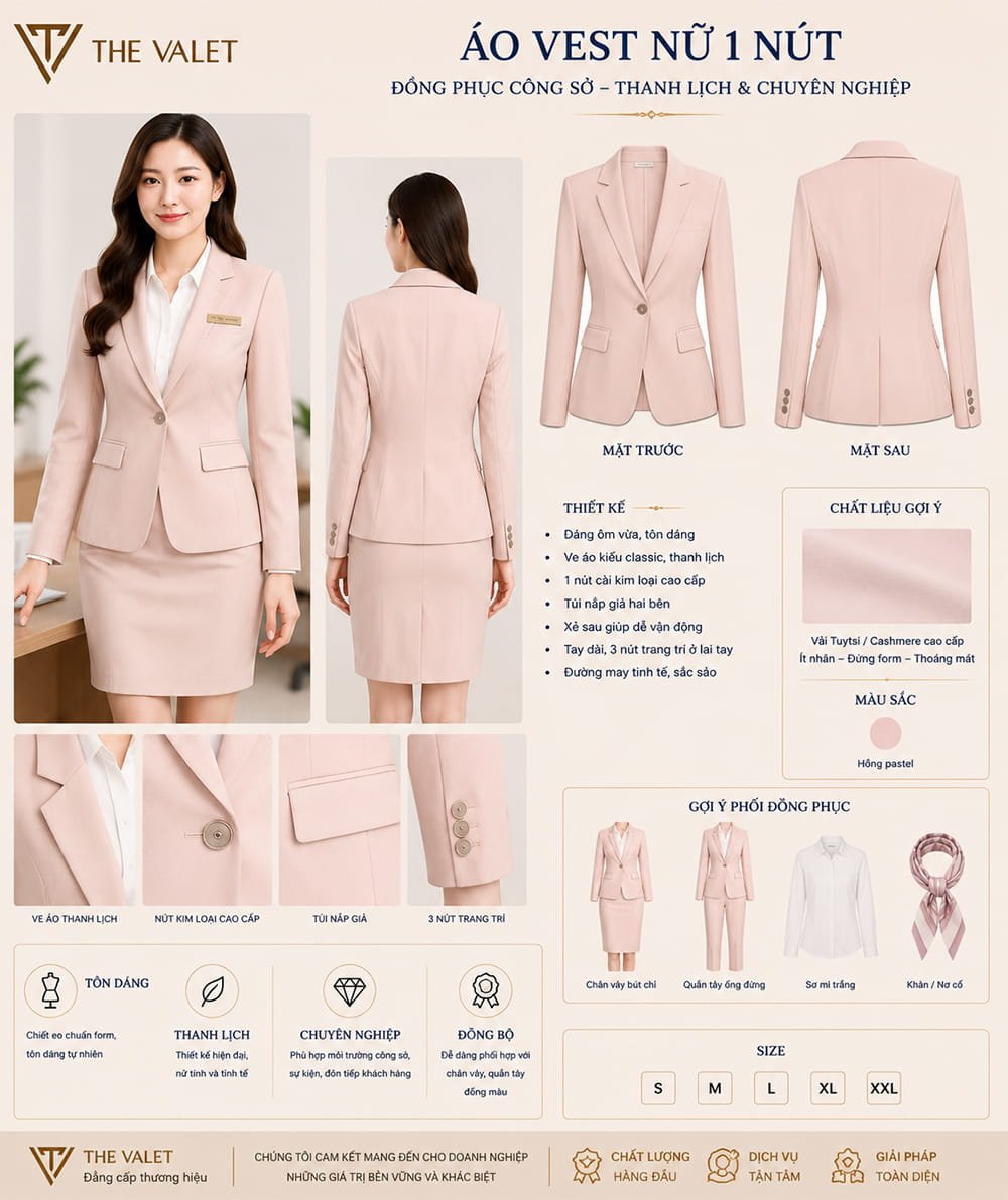 Mẫu áo vest đồng phục nữ 1 nút màu hồng pastel