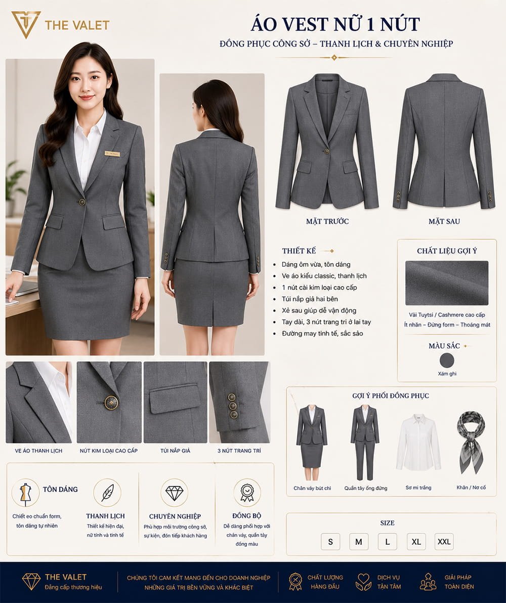 Mẫu áo vest đồng phục nữ 1 nút màu xam ghi