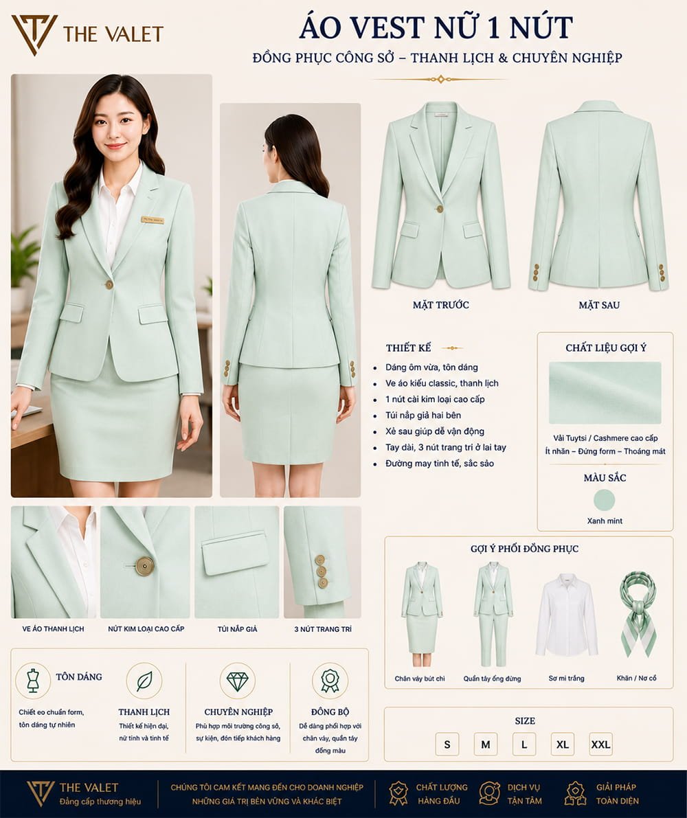 Mẫu áo vest đồng phục nữ 1 nút màu xanh mint