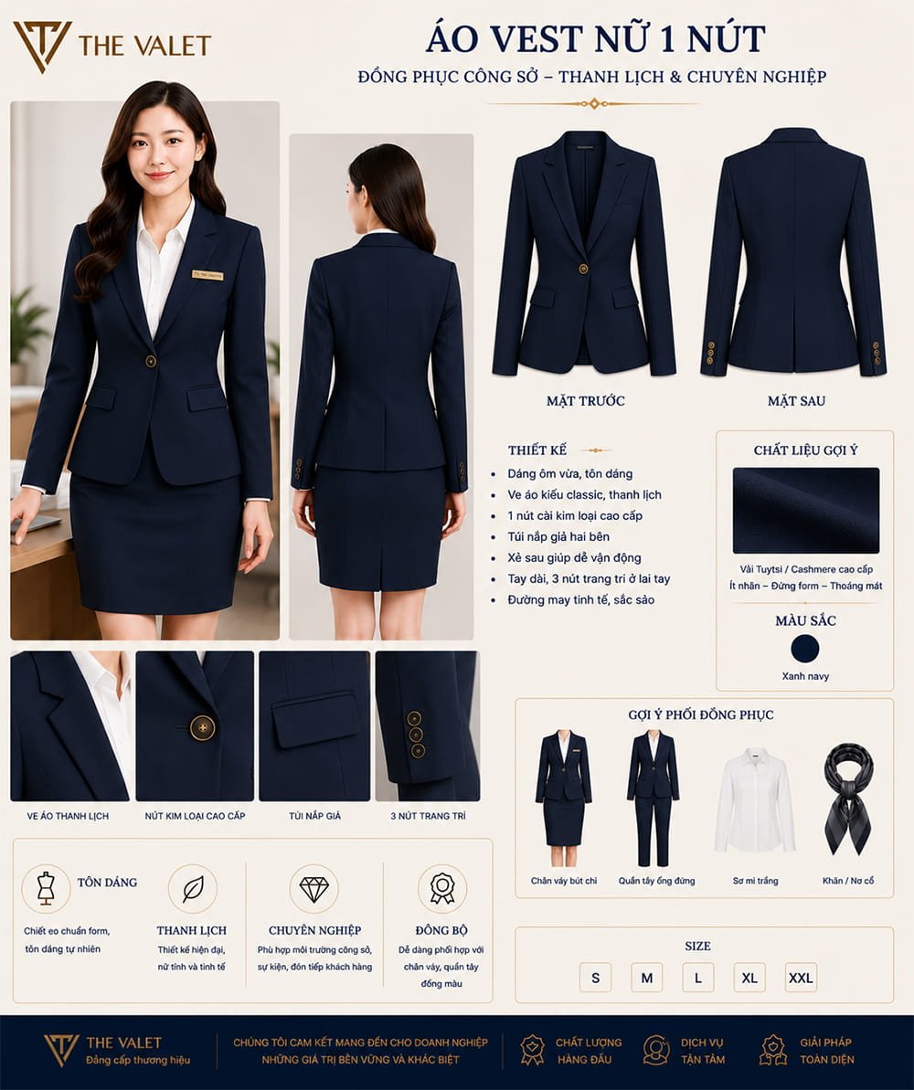 Mẫu áo vest đồng phục nữ 1 nút màu xanh navy