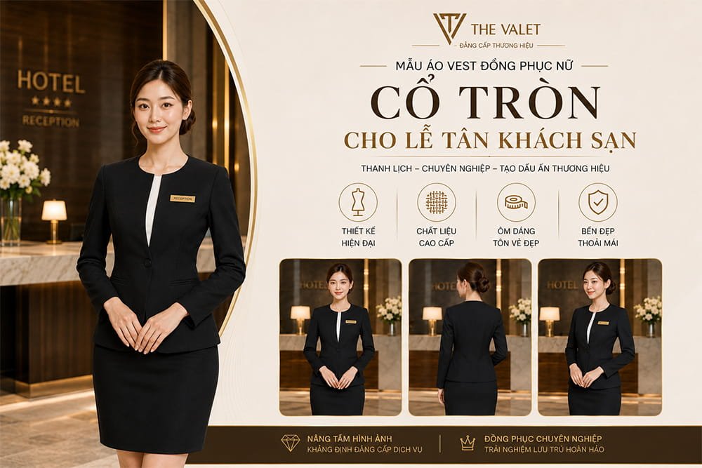 Mẫu áo vest đồng phục nữ cổ tròn cho lễ tân khách sạn