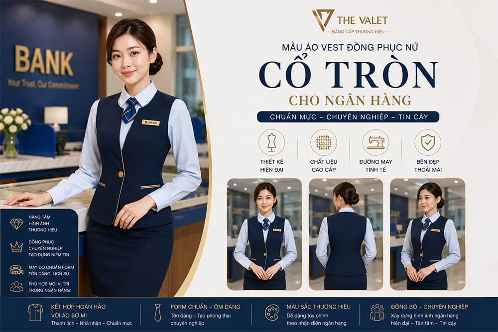 Mẫu áo vest đồng phục nữ cổ tròn cho ngân hàng tại The Valet