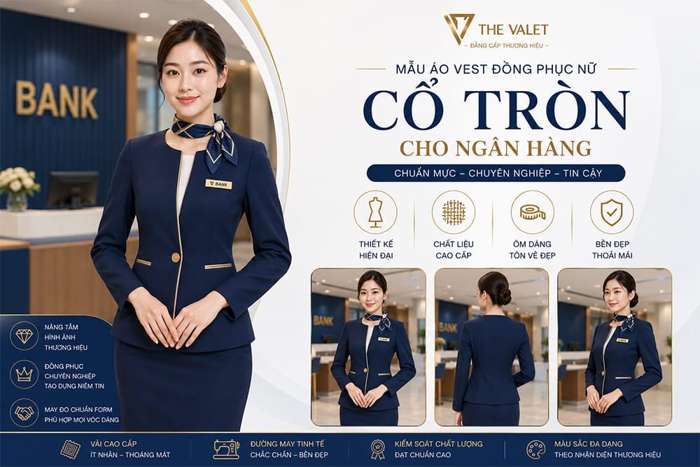 Mẫu áo vest đồng phục nữ cổ tròn cho ngân hàng