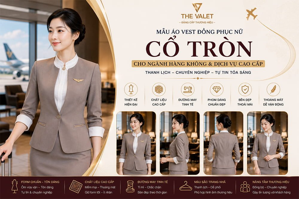 Mẫu áo vest đồng phục nữ cổ tròn cho ngành hàng không tại The Valet