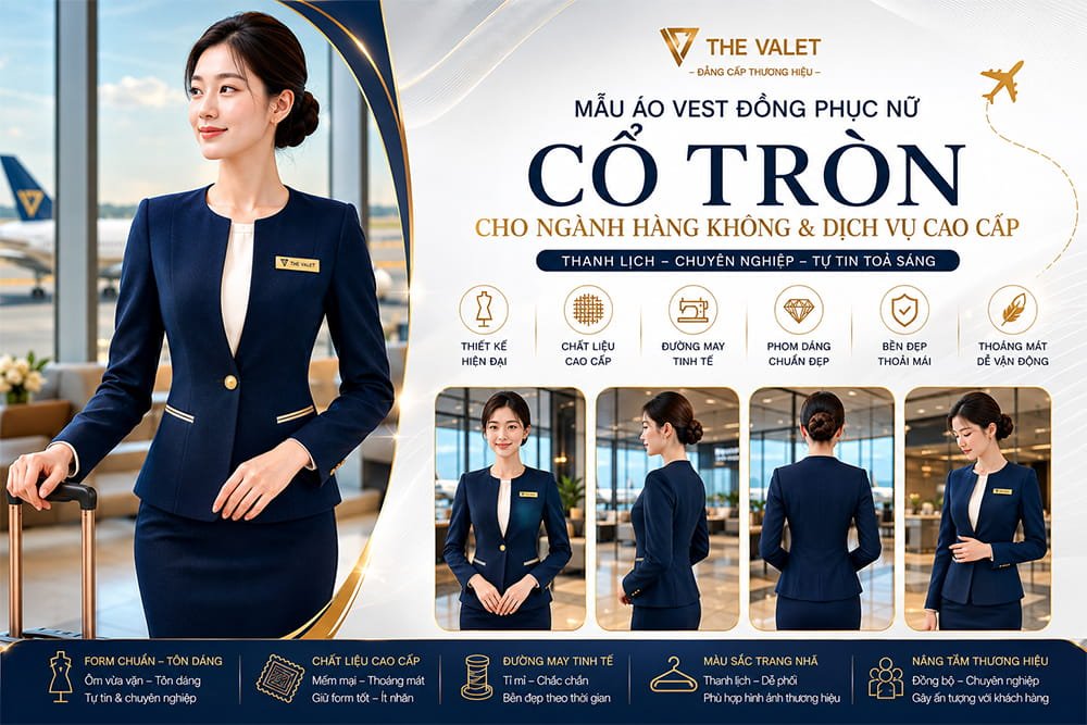 Mẫu áo vest đồng phục nữ cổ tròn cho ngành hàng không
