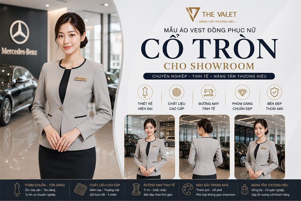 Mẫu áo vest đồng phục nữ cổ tròn cho showroom tại The Valet